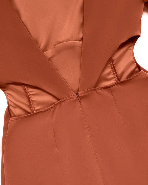 Round Neck Bell Sleeve Casual Backless Tied Detail Jumpsuit brown