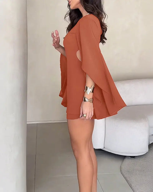 Round Neck Bell Sleeve Casual Backless Tied Detail Jumpsuit brown