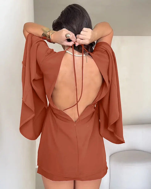 Round Neck Bell Sleeve Casual Backless Tied Detail Jumpsuit brown