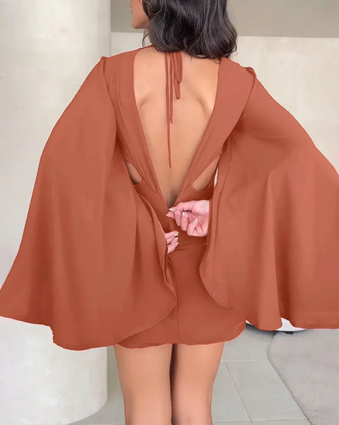 Round Neck Bell Sleeve Casual Backless Tied Detail Jumpsuit brown