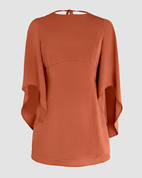 Round Neck Bell Sleeve Casual Backless Tied Detail Jumpsuit brown