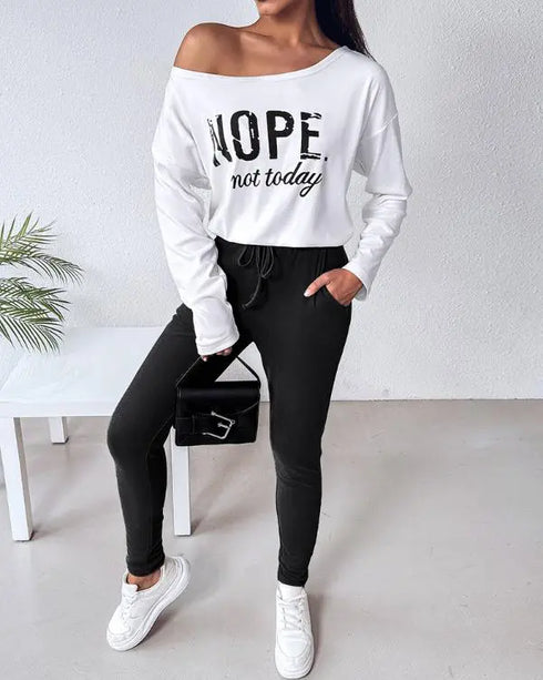 2 Pieces Outfit NOPE. not today Slogan Print Skew Neck Long Sleeve Pullover Top and Casual Drawstring Stretchy Waist Slim Fit Pants Set black