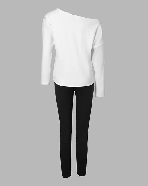 2 Piece Faith Geometric Print Outfit Long Sleeve Skew Neck Pullover Tops Stretchy Waist Pants Set Tracksuit black