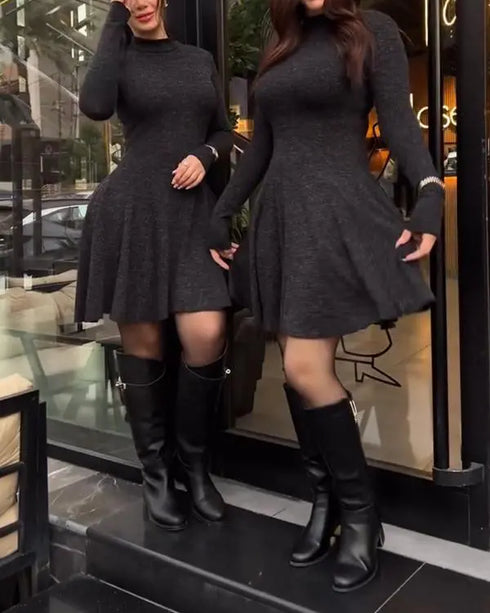 Stand Collar Long Sleeve Cinched Waist Flared Mini Dress Casual Dress black