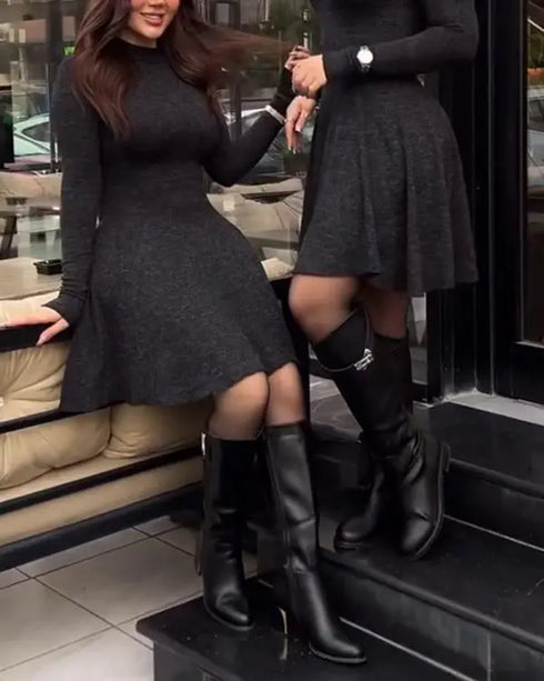 Stand Collar Long Sleeve Cinched Waist Flared Mini Dress Casual Dress black