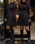 Stand Collar Long Sleeve Cinched Waist Flared Mini Dress Casual Dress black
