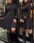 Stand Collar Long Sleeve Cinched Waist Flared Mini Dress Casual Dress black