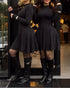 Stand Collar Long Sleeve Cinched Waist Flared Mini Dress Casual Dress black
