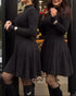 Stand Collar Long Sleeve Cinched Waist Flared Mini Dress Casual Dress black