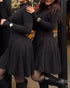 Stand Collar Long Sleeve Cinched Waist Flared Mini Dress Casual Dress black
