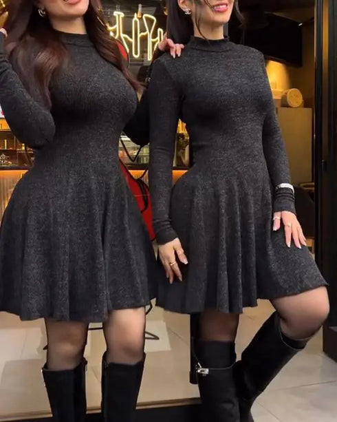 Stand Collar Long Sleeve Cinched Waist Flared Mini Dress Casual Dress black