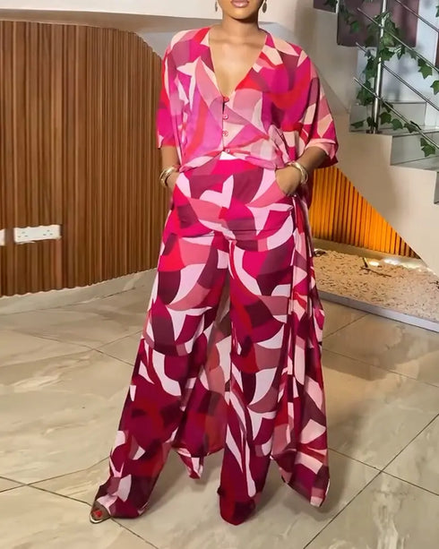2 Pieces Outfit Colorblock Geometric Print Batwing Sleeve Cover Up and Casual Wide Leg Pants Set hot pink