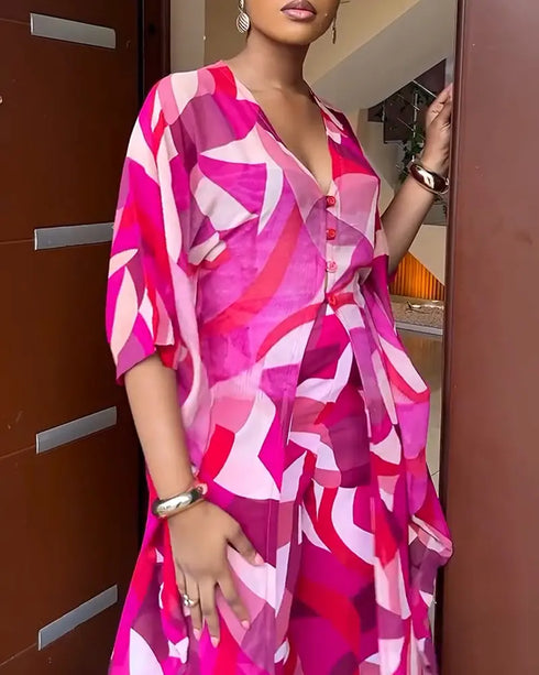 2 Pieces Outfit Colorblock Geometric Print Batwing Sleeve Cover Up and Casual Wide Leg Pants Set hot pink