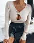 Metal Decor V-Neck Long Sleeve Sexy Hollow-out Slim Fit Top khaki