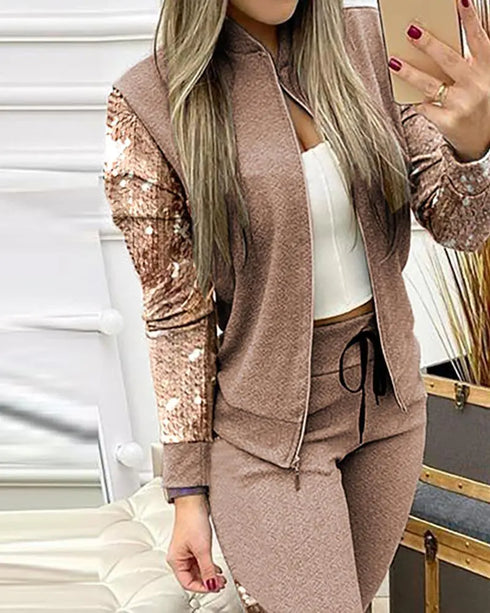 Contrast Sequins Zipper Design Jacket & Drawstring Pants Set brown