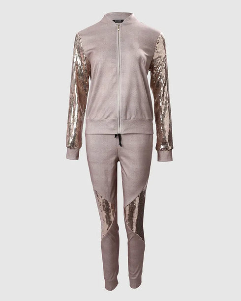 Contrast Sequins Zipper Design Jacket & Drawstring Pants Set brown