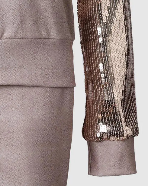 Contrast Sequins Zipper Design Jacket & Drawstring Pants Set brown