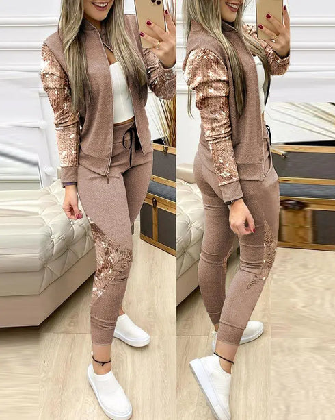 Contrast Sequins Zipper Design Jacket & Drawstring Pants Set brown