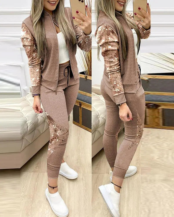 Contrast Sequins Zipper Design Jacket & Drawstring Pants Set brown