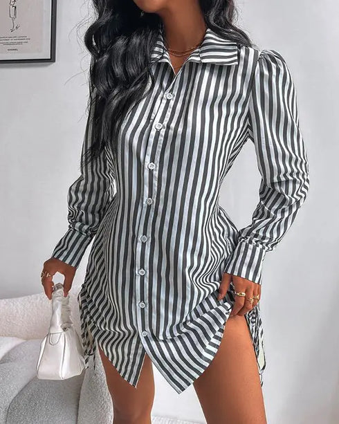 Button Down Shirt Dress Roll Tab Sleeve Side Drawstring Mini Dresses black