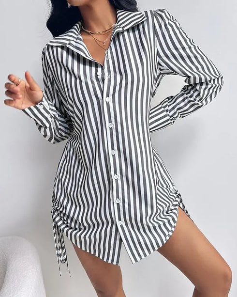 Plaid Pattern Side Drawstring Buttoned Shirt Dress black