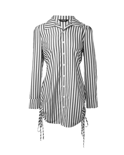 Plaid Pattern Side Drawstring Buttoned Shirt Dress black
