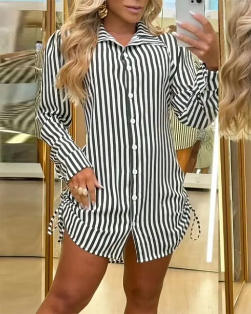 Plaid Pattern Side Drawstring Buttoned Shirt Dress black