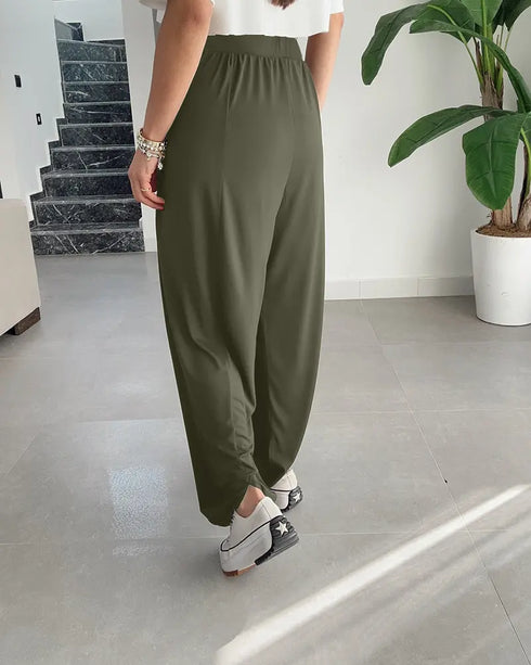 High Waist Elastic Dtrawstring Cuffed Pants Casual Loose Fit Ruched Pants Army green