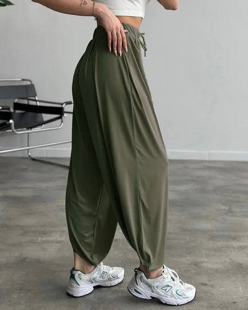 High Waist Elastic Dtrawstring Cuffed Pants Casual Loose Fit Ruched Pants Army green