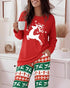 2 Pieces Outfit Rhinestone Christmas Santa Hat & Wine Glass Graphic Plaid Print Spliced Colorblock Long Sleeve Top and Plaid Print Elastic Waist Pants Set Casual Pajamas Set red