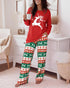 2 Pieces Outfit Floral Placement Print Long Sleeve Drop Shoulder Top and Elastic Waist Pants Set Causal Pajamas Set red