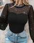 Rhinestone Decor Mock Neck Lantern Sleeve Sheer Mesh Spliced Tee Hollow-out Back Slim Fit Top black