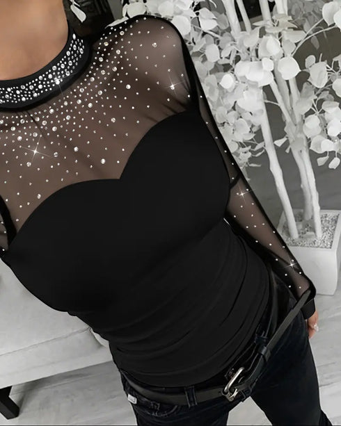 Rhinestone Decor Mock Neck Lantern Sleeve Sheer Mesh Spliced Tee Hollow-out Back Slim Fit Top black