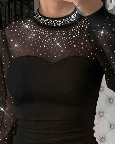 Rhinestone Decor Mock Neck Lantern Sleeve Sheer Mesh Spliced Tee Hollow-out Back Slim Fit Top black