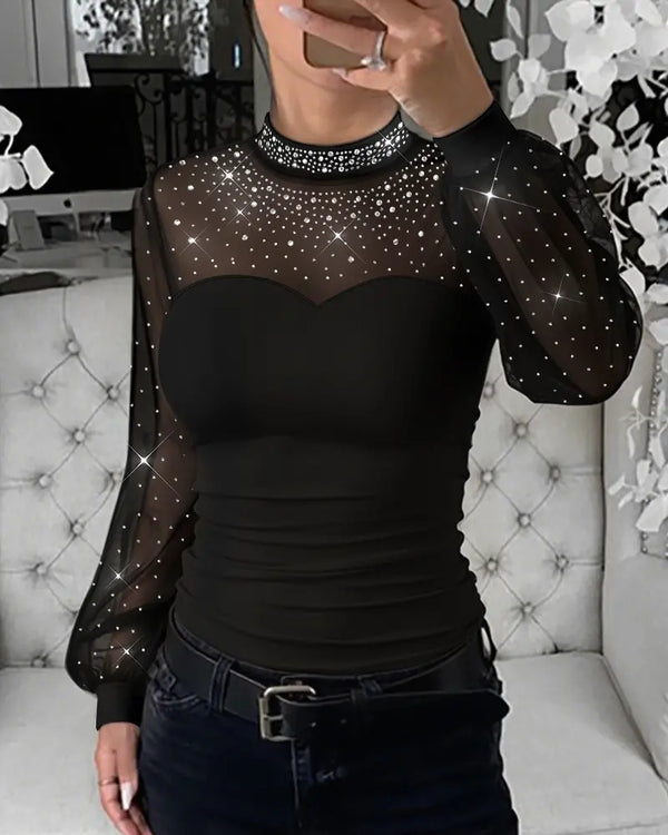 Rhinestone Decor Mock Neck Lantern Sleeve Sheer Mesh Spliced Tee Hollow-out Back Slim Fit Top black