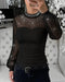Rhinestone Decor Mock Neck Lantern Sleeve Sheer Mesh Spliced Tee Hollow-out Back Slim Fit Top black