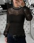 Rhinestone Decor Mock Neck Lantern Sleeve Sheer Mesh Spliced Tee Hollow-out Back Slim Fit Top black