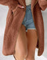 Contrast Binding Lapel Teddy Coat Open Front Longline Winter Outwear Jackets with Pockets coffee
