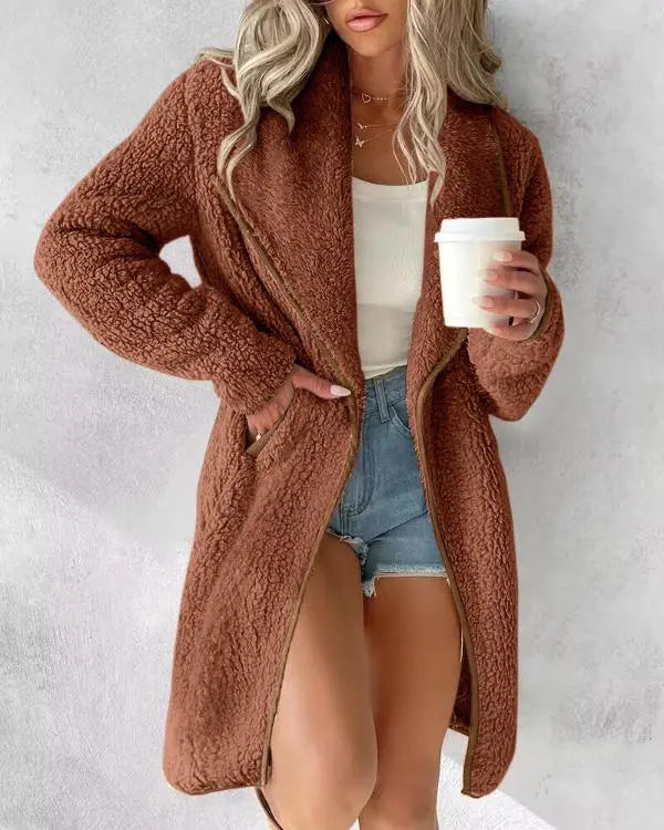 Contrast Binding Lapel Teddy Coat Open Front Longline Winter Outwear Jackets with Pockets coffee