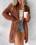 Contrast Binding Lapel Teddy Coat Open Front Longline Winter Outwear Jackets with Pockets coffee