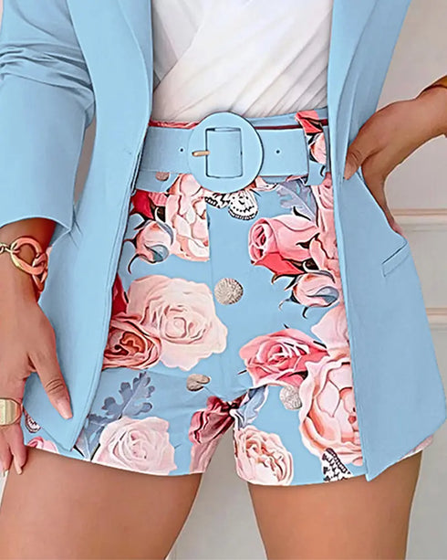 2 Pieces Outfits Notched Collar Long Sleeve Blazer Coat and Floral Print Zipper Fly Shorts Set With Belt blue
