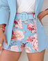 2 Pieces Outfits Notched Collar Long Sleeve Blazer Coat and Floral Print Zipper Fly Shorts Set With Belt blue