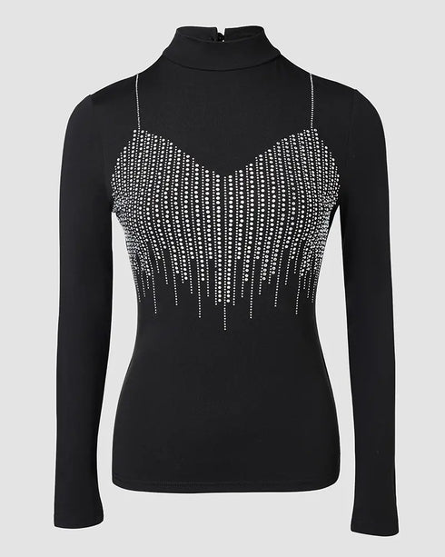 Rhinestone Decor Sweetheart Neck Long Sleeve Slim Fit Tee Bowknot Decor Casual Top with Thumb Hole Cuffs black