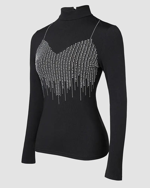 Metal Ring Decor Round Neck Hollow-out Long Sleeve Top Slim Fit Stretchy Layering Top with Thumb Hole Cuffs black