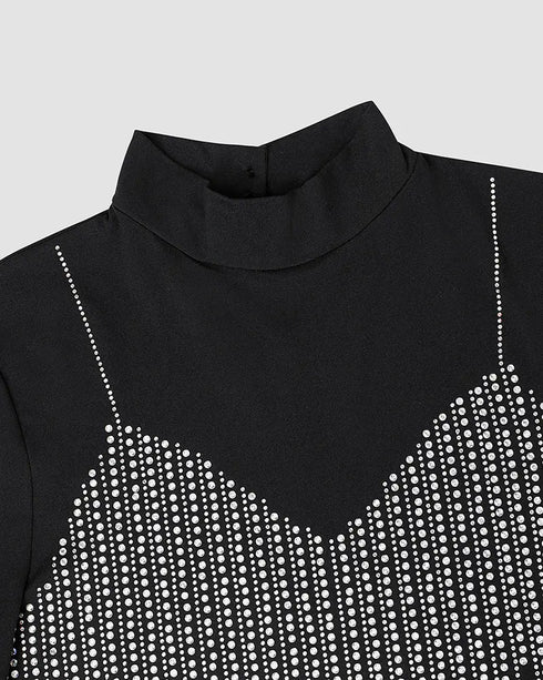 Metal Ring Decor Round Neck Hollow-out Long Sleeve Top Slim Fit Stretchy Layering Top with Thumb Hole Cuffs black