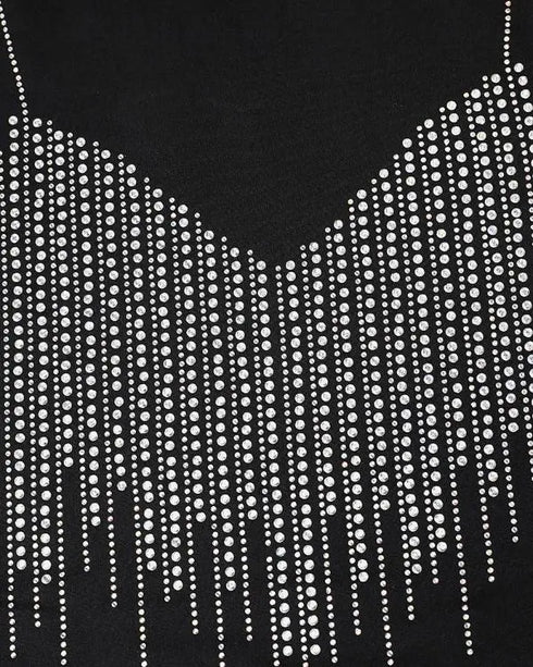 Rhinestone Decor Sweetheart Neck Long Sleeve Slim Fit Tee Bowknot Decor Casual Top with Thumb Hole Cuffs black