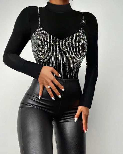 Mock Neck Long Sleeve Rhinestone Decor Top black