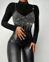 Mock Neck Long Sleeve Rhinestone Decor Top black