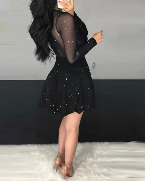 Dot Mesh Ruffles Long Sleeve Dress black