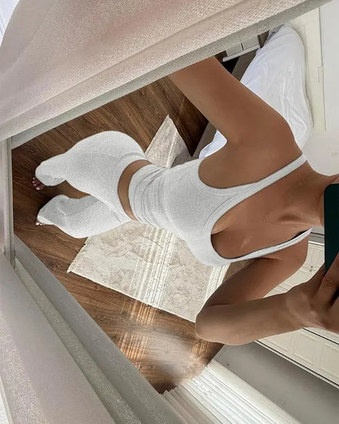 2 Pieces Outfit U-Neck Spaghetti Strap Cami Top and Elastic Waist Wide Leg Pants Set Casual Ribbed Set gray